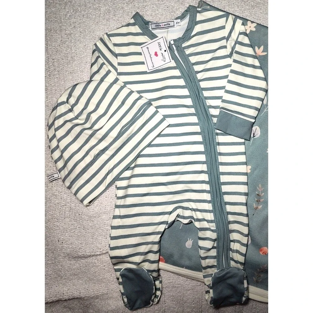 Little Millie 3pc Leaves Mushrooms Baby 6 Mo Blanket Footsie Sleeper Hat Set NWT